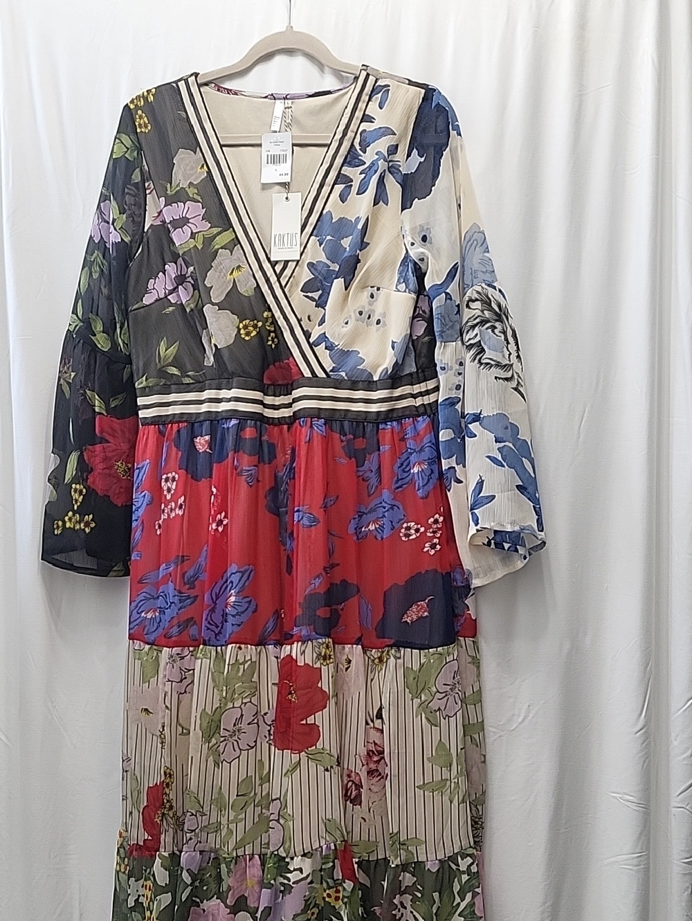 Kaktus Multicolor Mixed Floral Tiered Maxi Dress - Red, Blue, Cream, Black